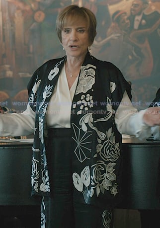 Ruby’s black embroidered jacket and pants on Elsbeth