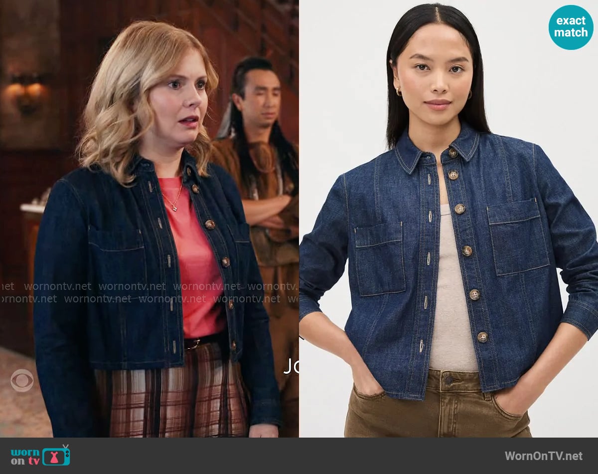RW&Co Denim Cropped Buttoned-Down Blouse worn by Sam (Rose McIver) on Ghosts