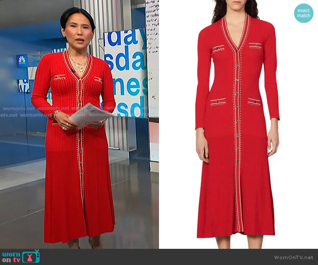 Sandro Esmeralda Pickstitch Long Sleeve Knit Shirtdress worn by Vicky Nguyen on NBC News Daily
