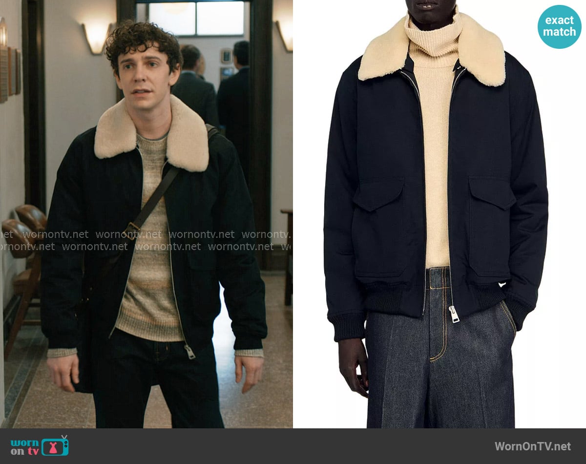 Sandro Shearling Collar Aviator Jacket in Navy Blue worn by Teddy Tascioni (Ben Levi Ross) on Elsbeth