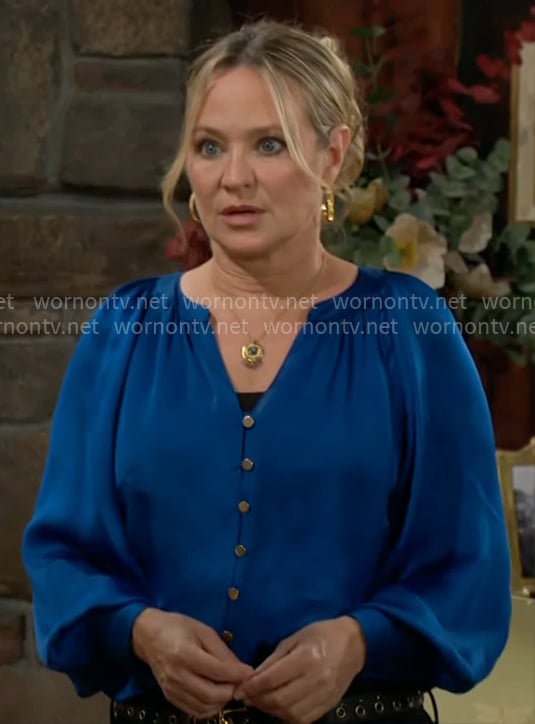 Sharon’s blue button front blouse on The Young and the Restless