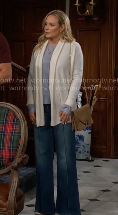 Sharon’s blue top and jeans on The Young and the Restless