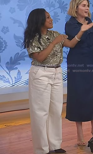 Sheinelle’s khaki print shirt and white jeans on Today