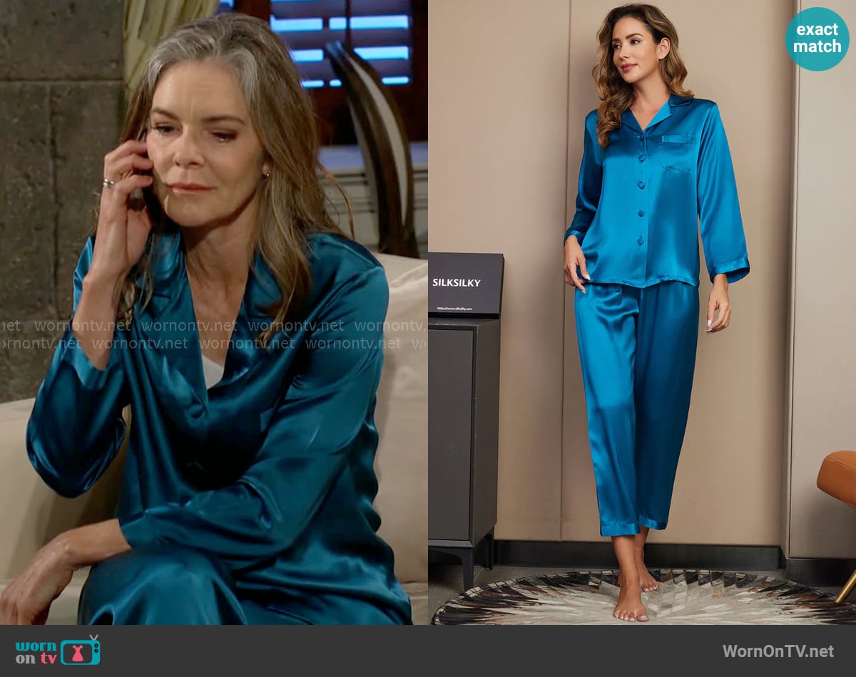 SilkSilky Pure Silk Long Sleeve Women's Pajamas Set in Teal worn by Diane Jenkins (Susan Walters) on The Young and the Restless