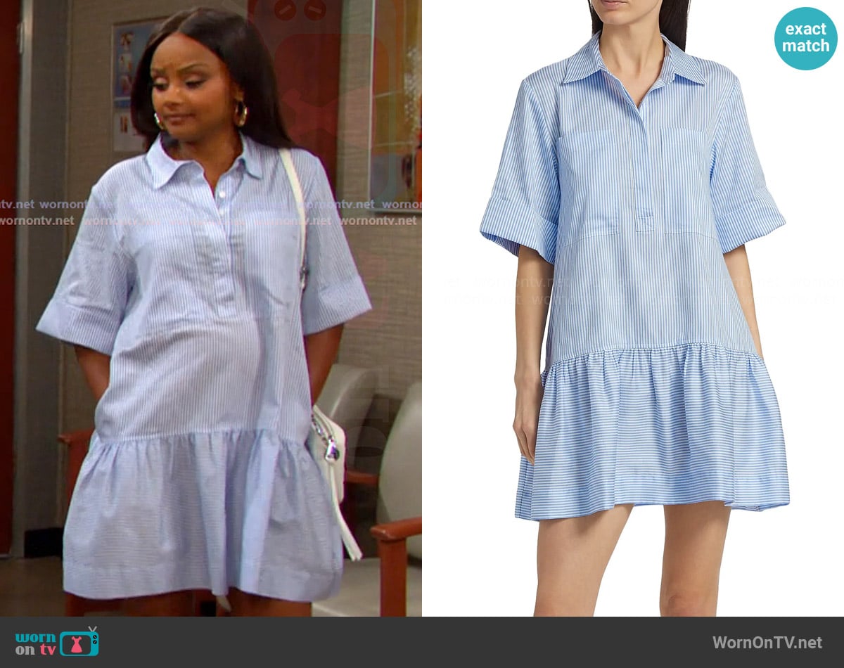 Simkhai Cris Cotton Shirtdress in Blue Hydrangea Stripe worn by Chanel Dupree (Raven Bowens) on Days of our Lives