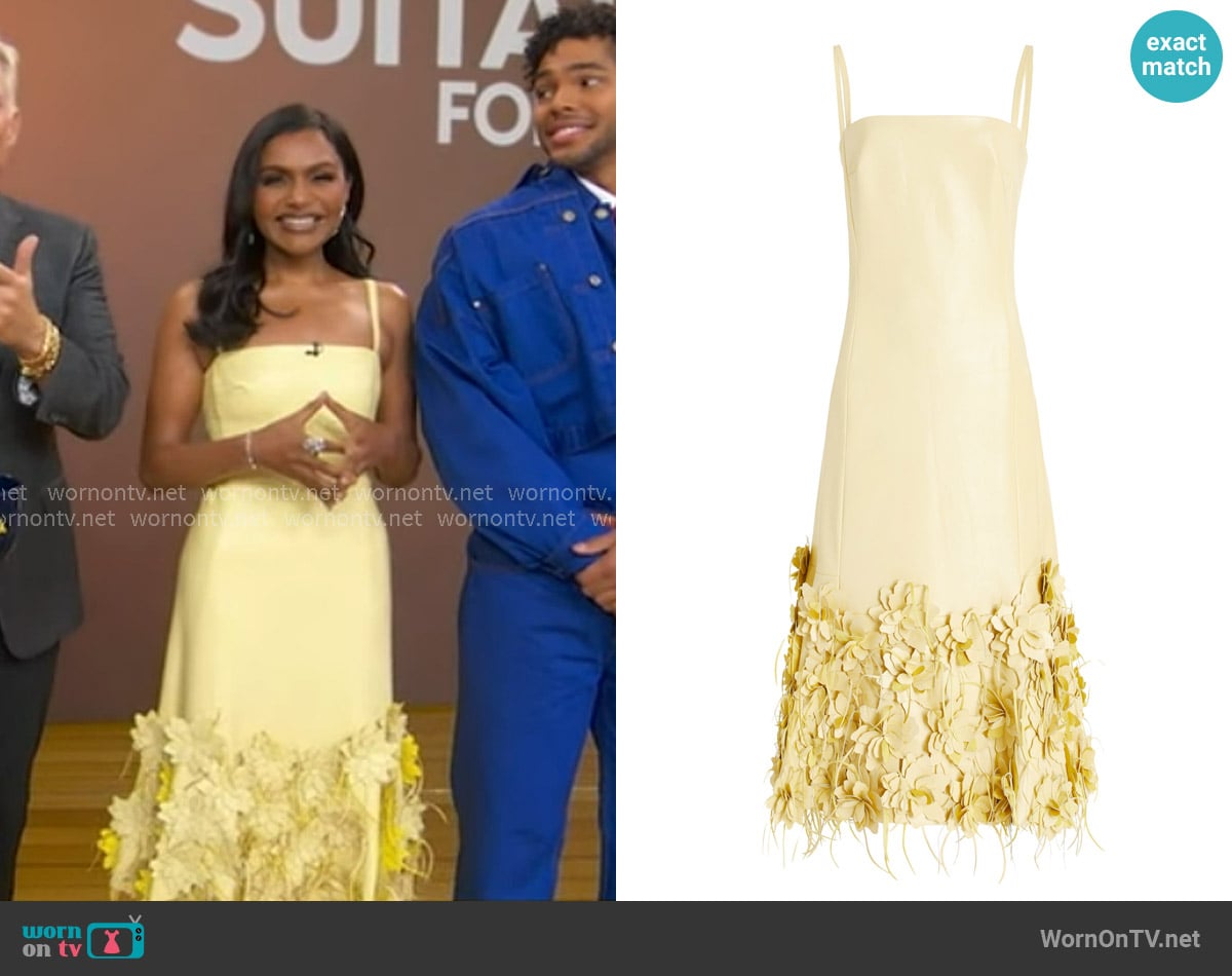 Simkhai Loulou Floral-Appliquéd Vegan Leather Midi Dress worn by Mindy Kaling on Good Morning America