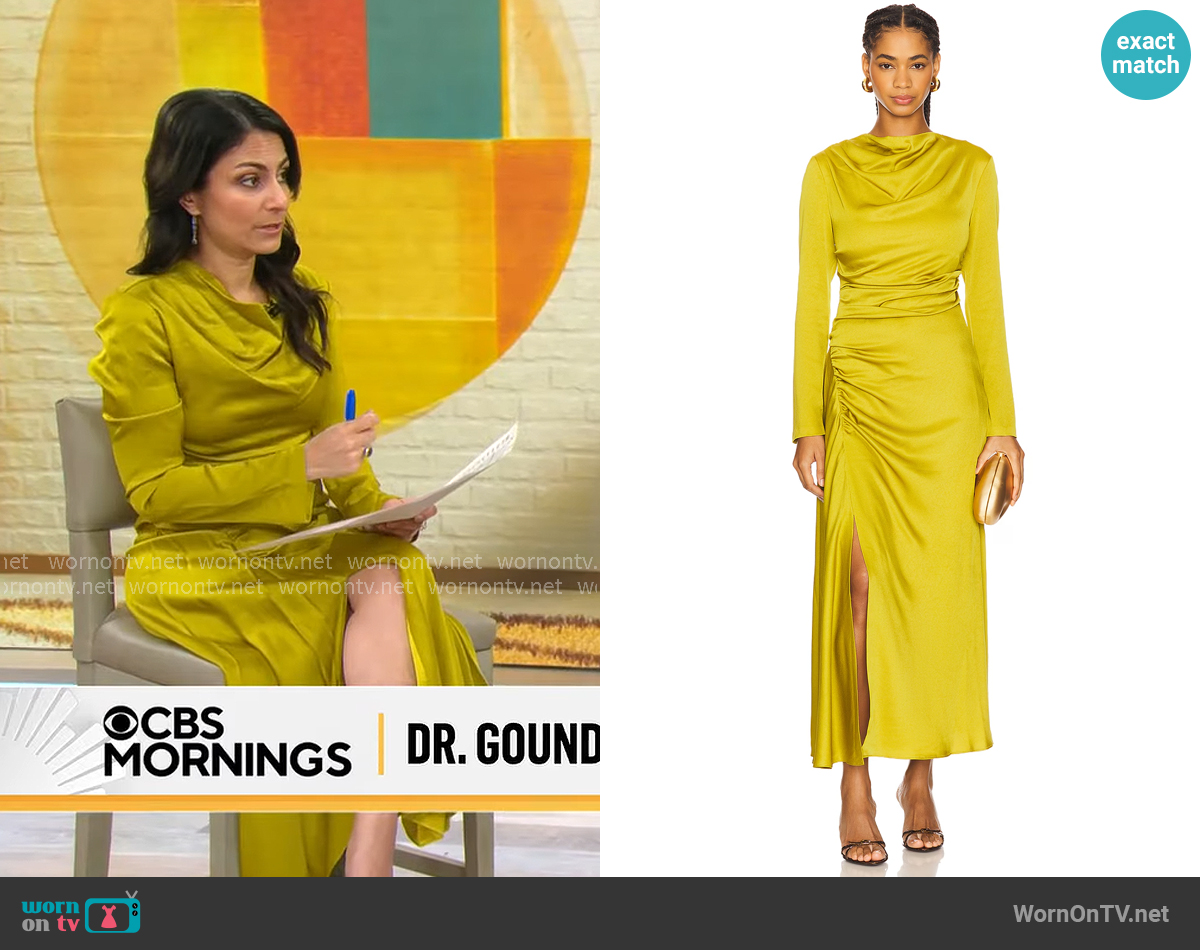 Simkhai Odessa Dress in Pear worn by Dr. Celine Gounder on CBS Mornings