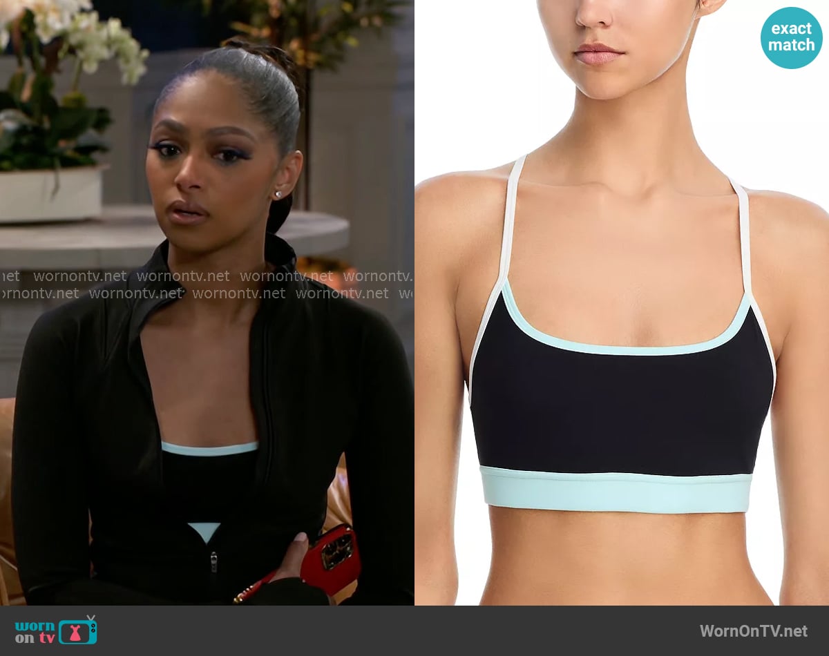 Splits59 Emerson Sports Bra in Black/Ice worn by Kat Richardson (Colby Muhammad) on Beyond the Gates