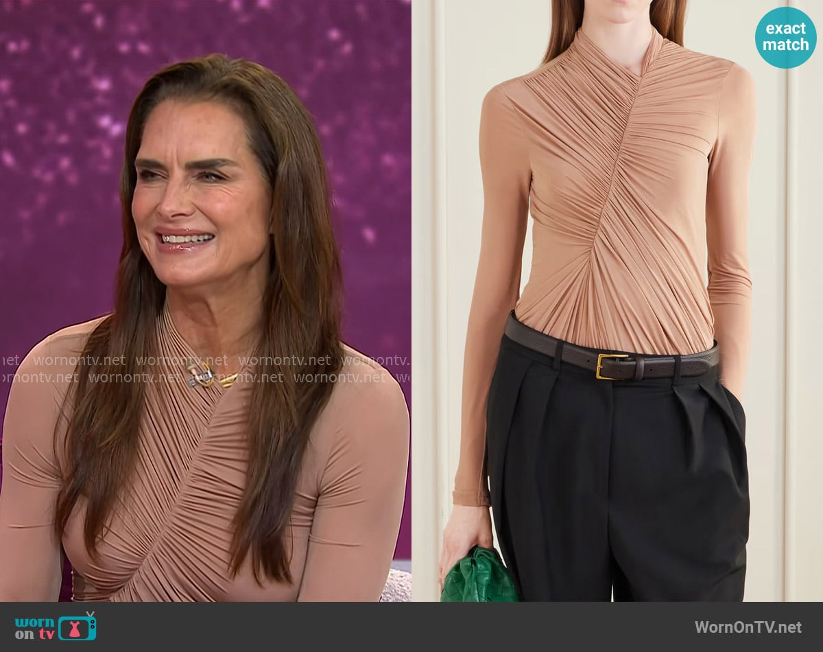 Stella McCartney Crepe Jersey Draped Bodysuit in Brandy worn by Brooke Shields on Today