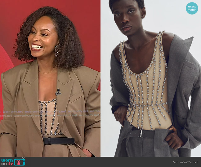 Stella McCartney x H&M Crystal-Embellished Mesh Bodysuit in Beige worn by Talia Parkinson-Jones on Today