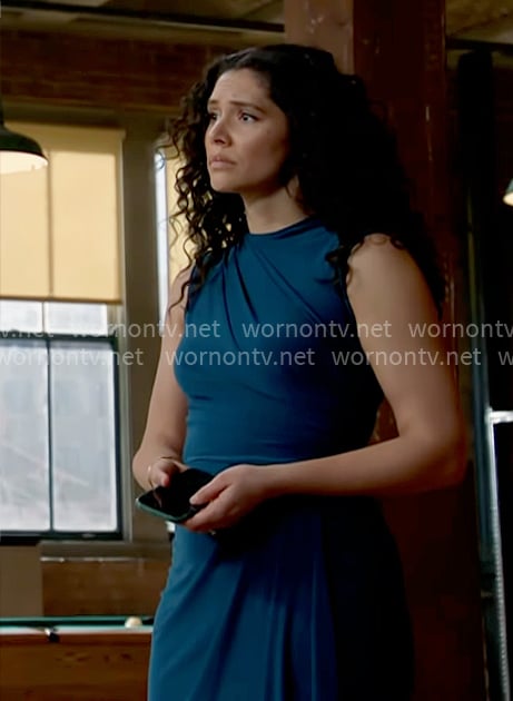 Stella’s teal draped long dress on Chicago Fire