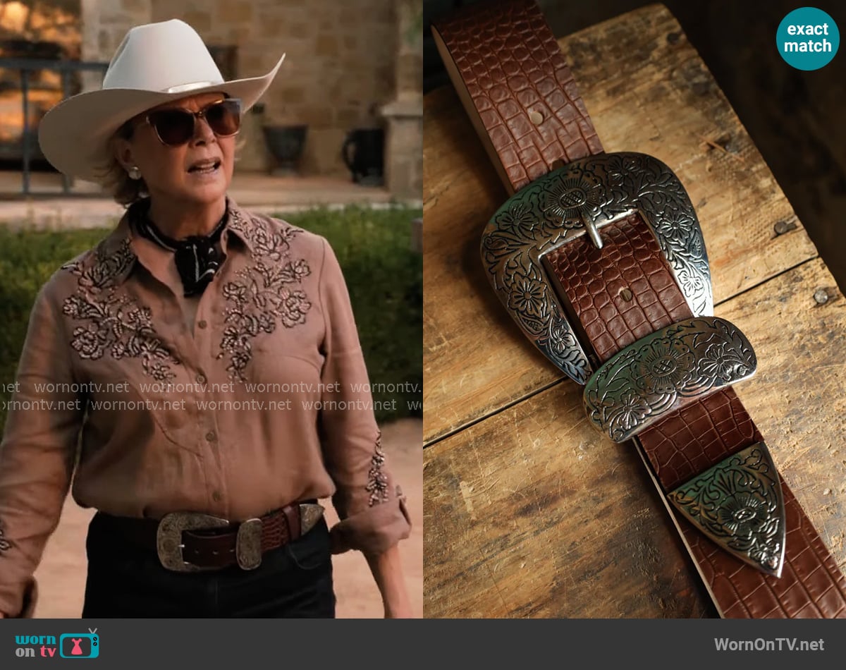 Streets Ahead Braun Belt in Cognac worn by Beulah Jackson (Annette Bening) on Dutton Ranch