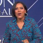 Tamron's blue abstract print blouse and skirt on Tamron Hall Show