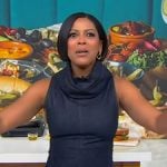 Tamron’s denim cowl neck dress on Tamron Hall Show
