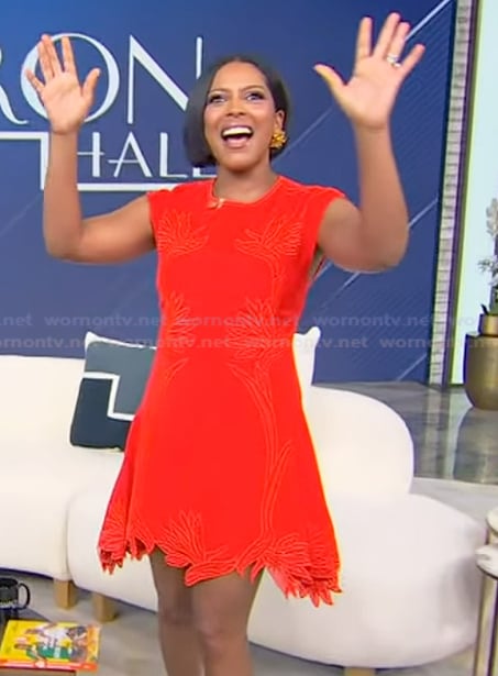 Tamron’s red embroidered mini dress on Tamron Hall Show
