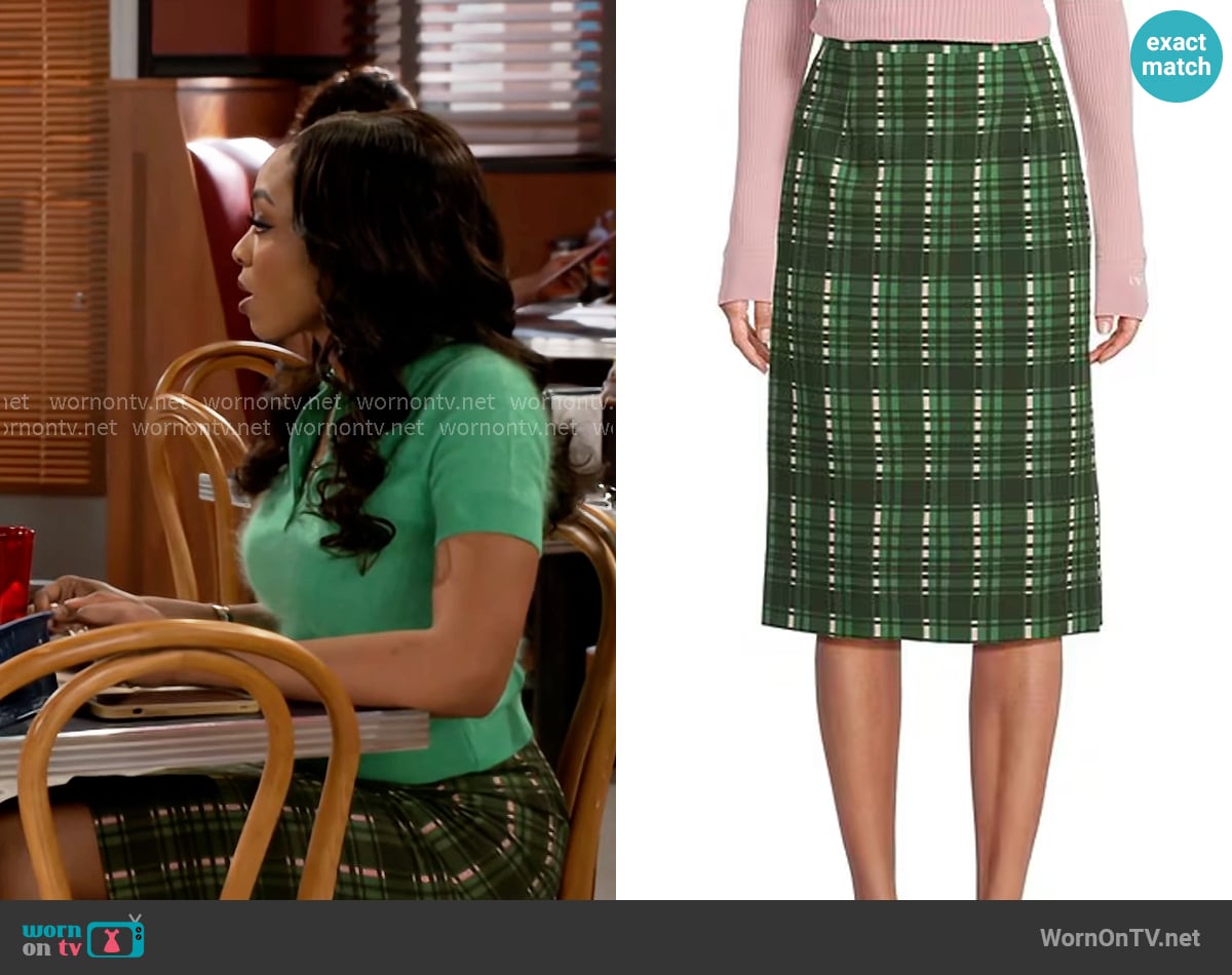 Tara Jarmon Jaden Woven Plaid Print Pencil Skirt worn by Madison Montgomery (Kenjah) on Beyond the Gates