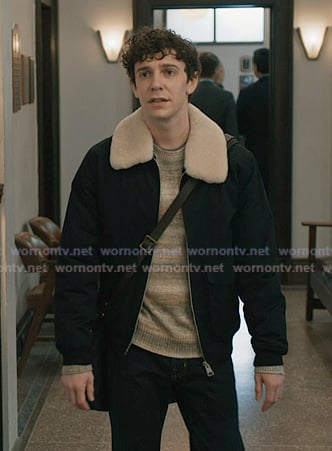Teddy’s stripe sweater and navy shearling collar jacket on Elsbeth
