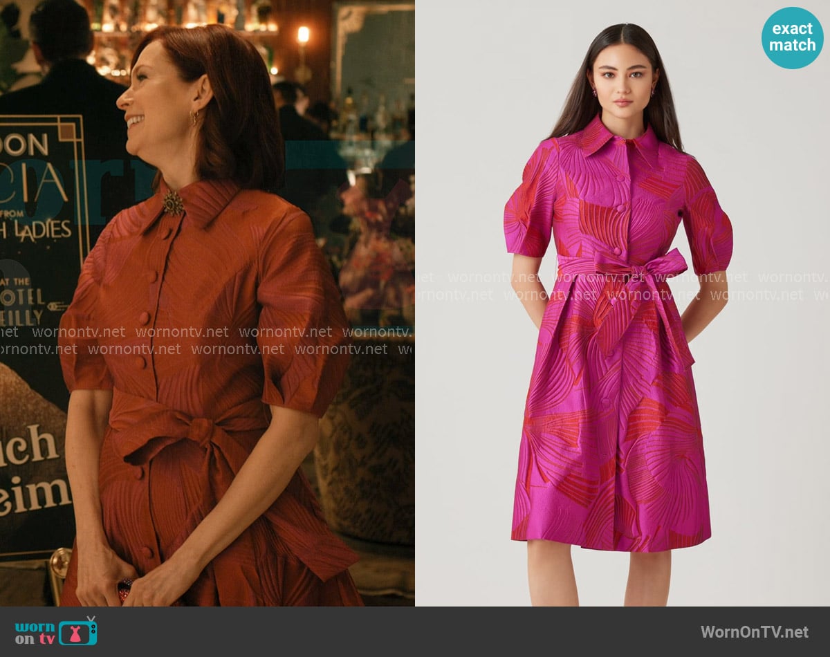 Teri Jon by Rickie Freeman Jacquard Abstract Print Puff Sleeve Shirt Dress in Fuchsia Orange worn by Elsbeth Tascioni (Carrie Preston) on Elsbeth