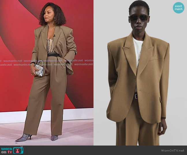 The Frankie Shop Blerick Crossover Blazer in Camel worn by Talia Parkinson-Jones on Today