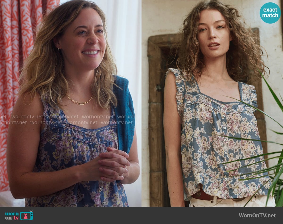 The Great The Victorian Pleat Tank in Indigo Floral worn by Ginny (Erika Henningsen) on The Four Seasons
