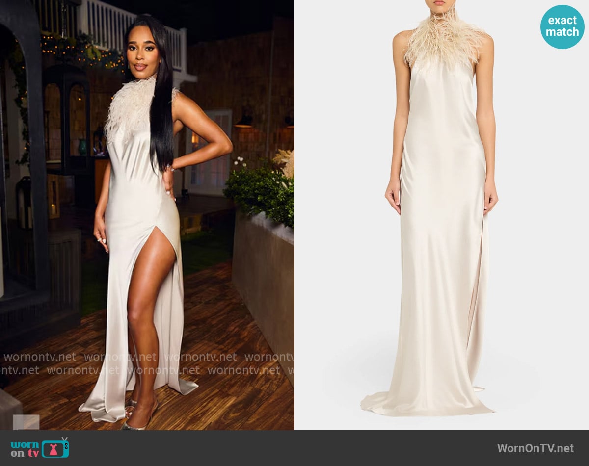 The New Arrivals by Ilkyas ozel Jazzy Backless Feather-Embellished Halter Gown worn by Clifton Prescod/Bravo on Summer House
