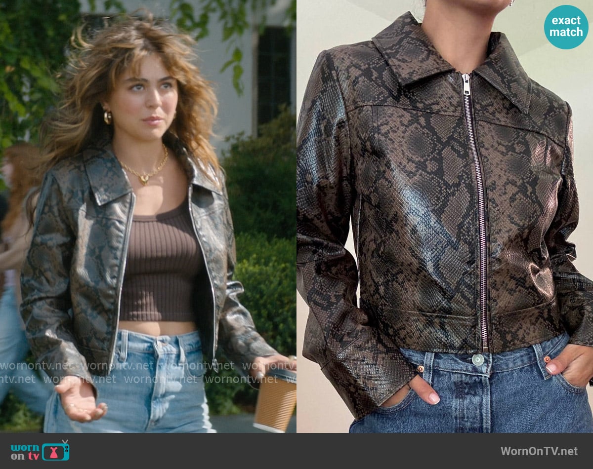 The Oures Snake Faux Leather Cropped Jacket worn by Allie Hayes (Mika Abdalla) on Off Campus