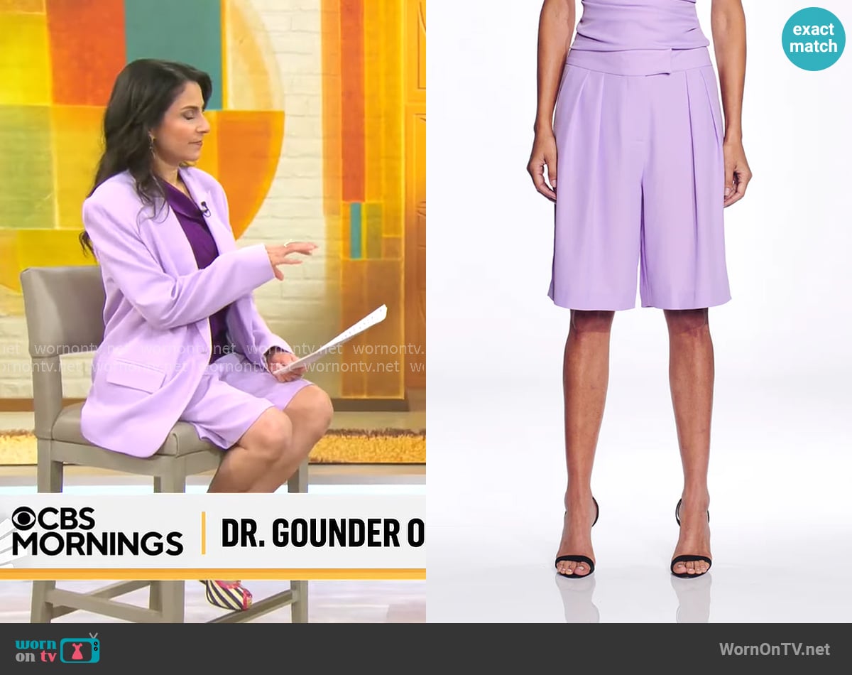 The Sei Double Pleat Shorts in Icy Lilac worn by Dr. Celine Gounder on CBS Mornings