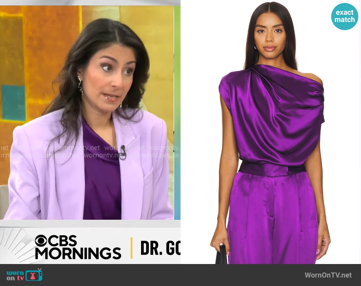 The Sei Draped Top in Eggplant worn by Dr. Celine Gounder on CBS Mornings