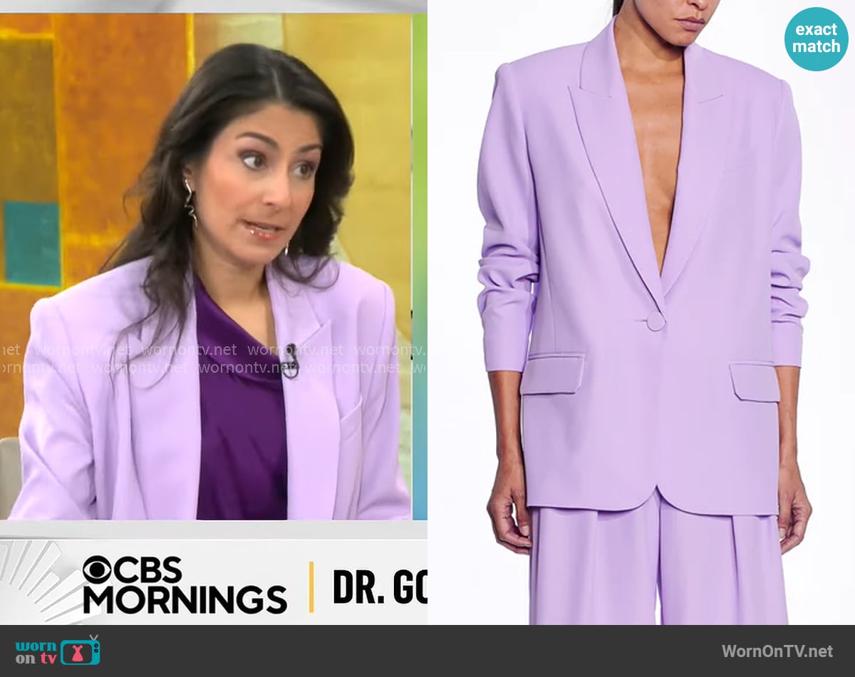 The Sei Oversized Blazer in Icy Lilac worn by Dr. Celine Gounder on CBS Mornings