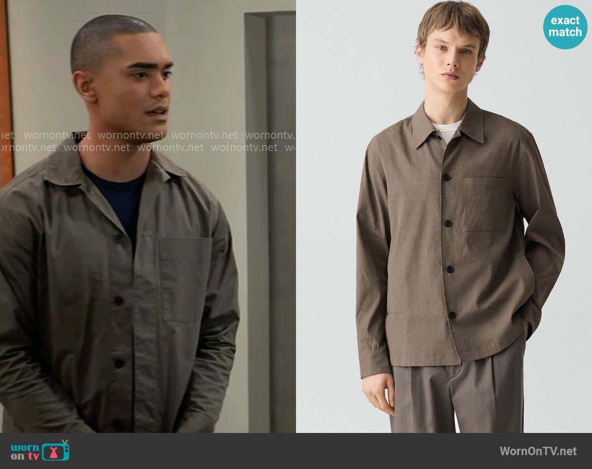 Theory Overshirt in Good Linen in Morel worn by Kai Taylor (Jens Austin Astrup) on General Hospital