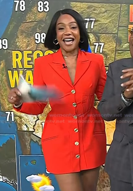 Tiffany Haddish’s red button front flare dress on Today