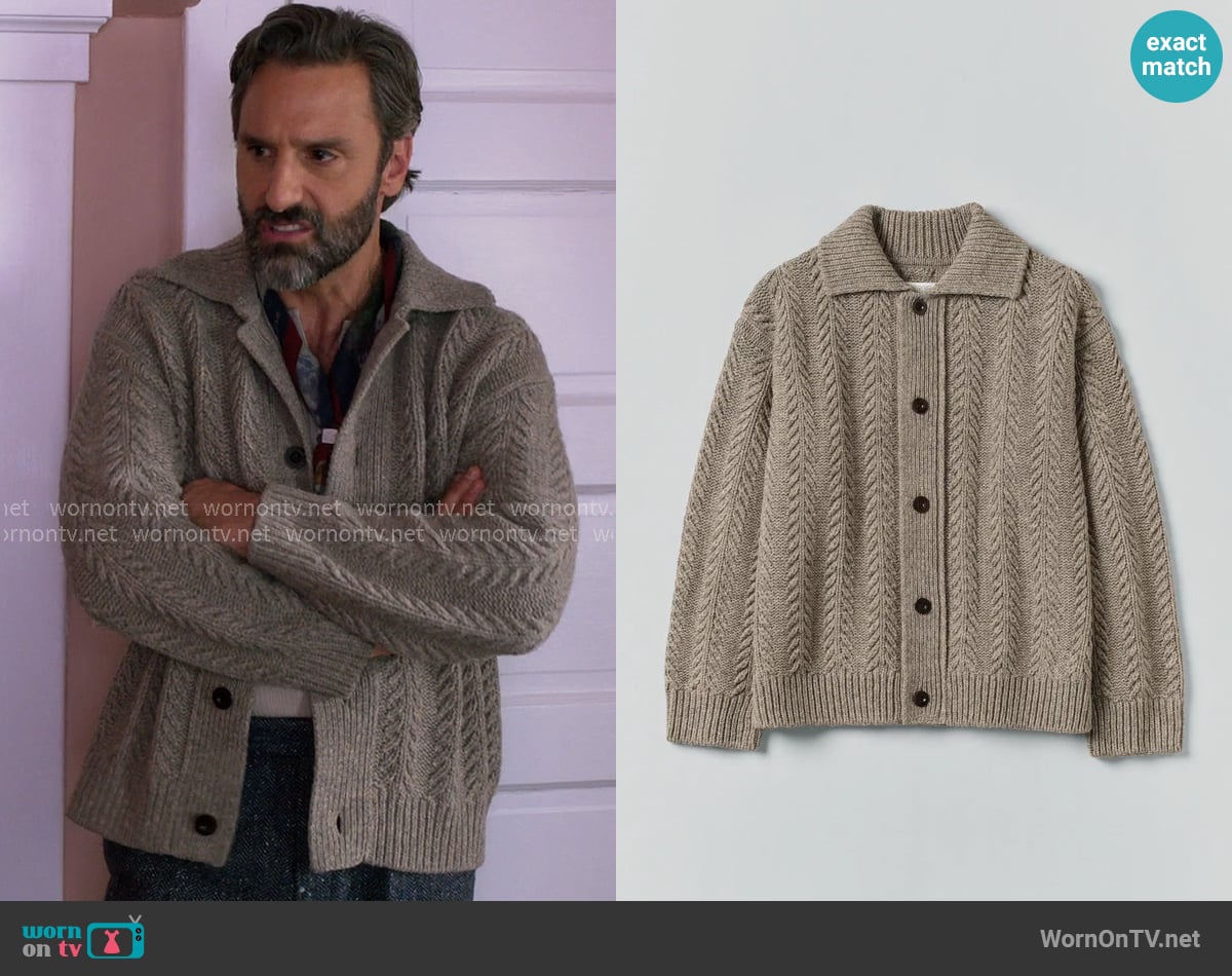 Toast Stone Grey Aran Collared Wool Cardigan worn by Claude (Marco Calvani) on The Four Seasons