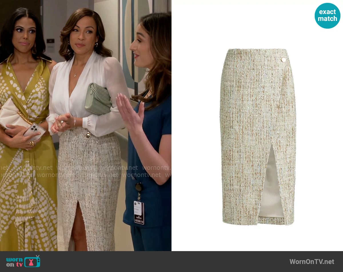 Toccin Kate Tweed Button Wrap Skirt worn by Nicole Dupree Richardson (Daphnee Duplaix) on Beyond the Gates