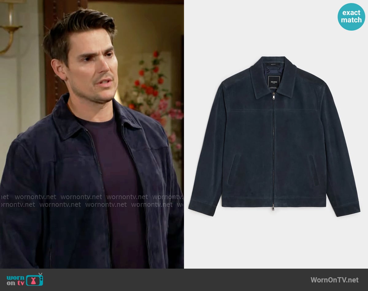 Todd Snyder Italian Suede Grant Jacket in Classic Navy worn by Adam Newman (Mark Grossman) on The Young and the Restless