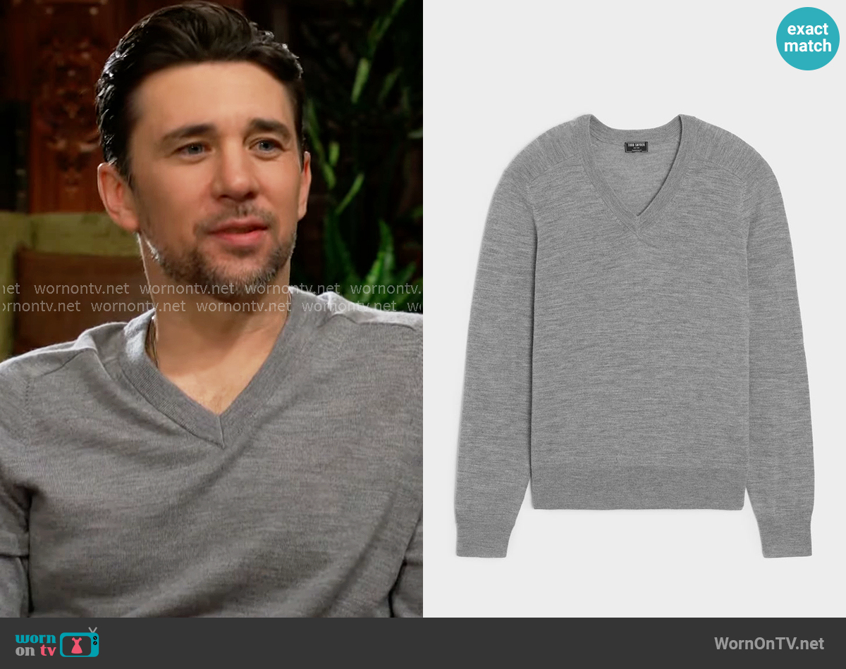 Todd Snyder Merino V-Neck Sweater in Grey Heather worn by Cane Ashby (Billy Flynn) on The Young and the Restless