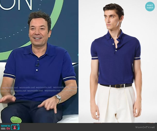 Tom Ford Contrast Piping Cashmere Silk Polo in midnight blue worn by Jimmy Fallon on Today