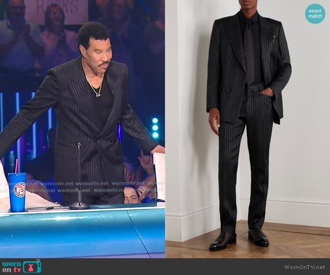 Tom Ford Dyllan Double-Breasted Striped Metallic Wool and Silk-Blend Suit Jacke worn by Lionel Richie on American Idol