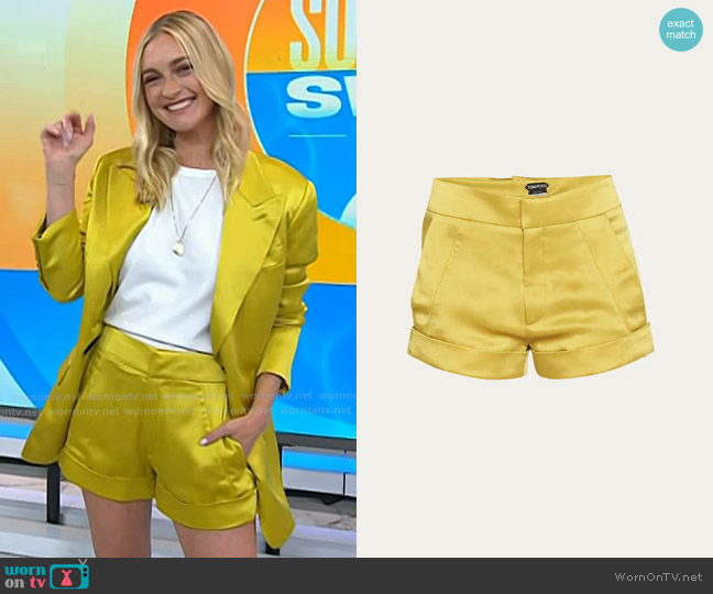 Tom Ford Satin Rolled-Cuff Shorts in Charteuse worn by Jasmine Snow on Today