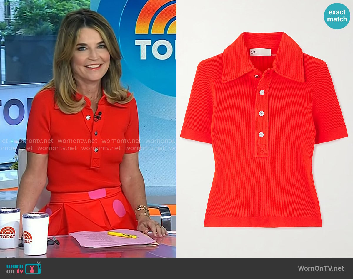 Tory Burch Maggie Ribbed-knit Polo Shirt in Deep Poppy worn by Savannah Guthrie on Today