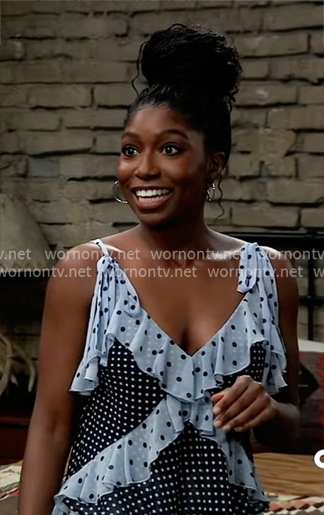 Trina’s blue mixed polka dot cami top on General Hospital