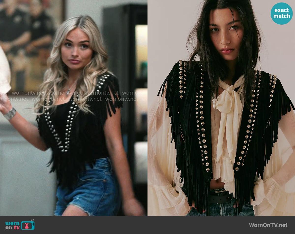 Oreana’s black studded fringed top on Dutton Ranch