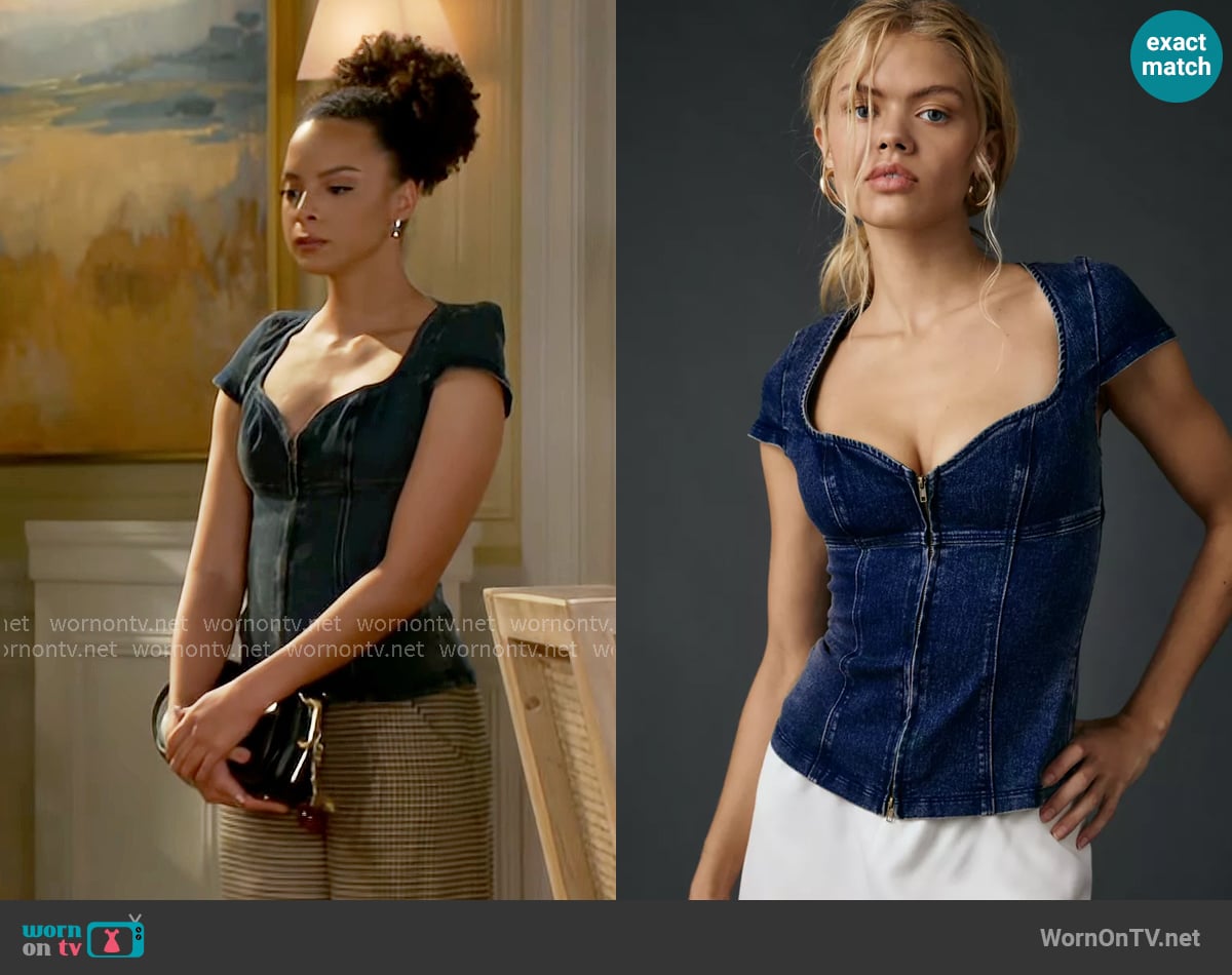 Urban Outfitters Blind Date Zip-Front Short Sleeve Denim Corset Top worn by Deanna McBride (Angela Fairley) on Beyond the Gates