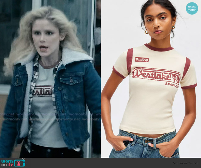 Urban Outfitters Westlake 78 Graphic Sporty Ringer Baby Tee worn by Annie January (Erin Moriarty) on The Boys