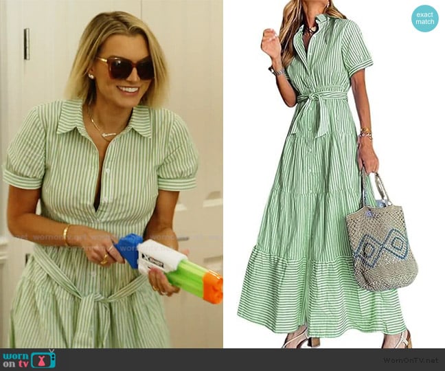 Utcoco Short Sleeve Button Down Tie Waist Ruffled Striped Maxi Shirt Dress worn by Lindsay Hubbard on Summer House