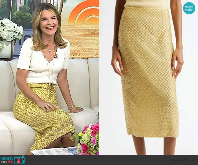 Veronica Beard Allora Beaded Midi Skirt in Chamomile worn by Savannah Guthrie on Today