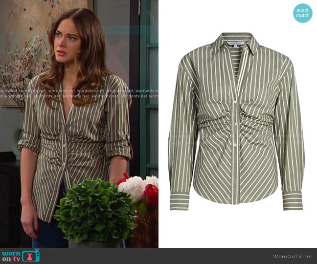 Veronica Beard Devra Striped Button-Front Top in Stone Army White worn by Stephanie Johnson (Abigail Klein) on Days of our Lives