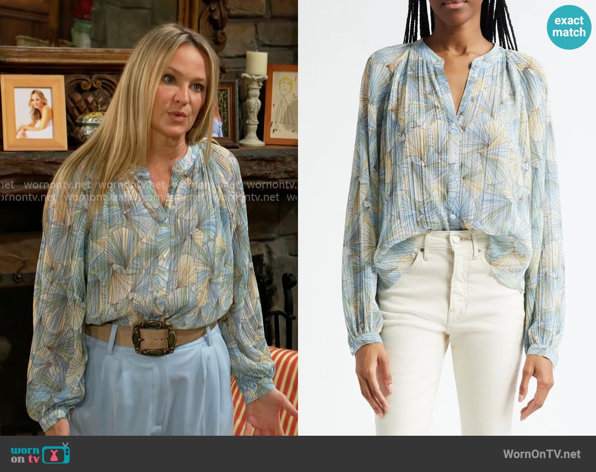 Veronica Beard Fennel Blouse in Powder Blue worn by Sharon Newman (Sharon Case) on The Young and the Restless
