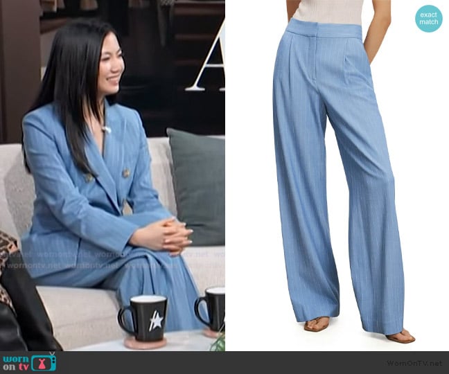 Veronica Beard Heyser Pinstripe Pleated Wide Leg Pants worn by Jenny Wang on Access Hollywood