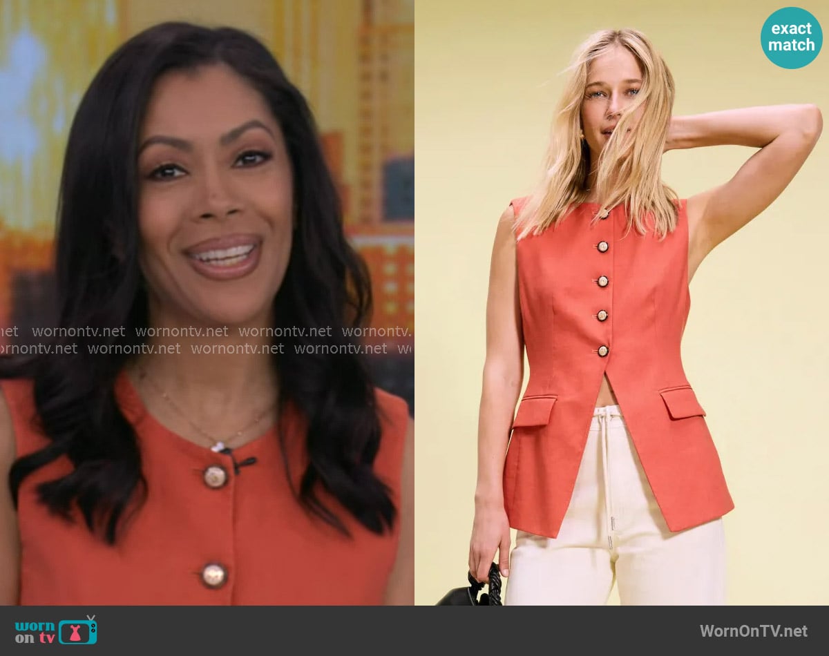 Veronica Beard Lois Linen-Blend Button-Front Vest in Persimmion worn by Shirleen Allicot on Good Morning America