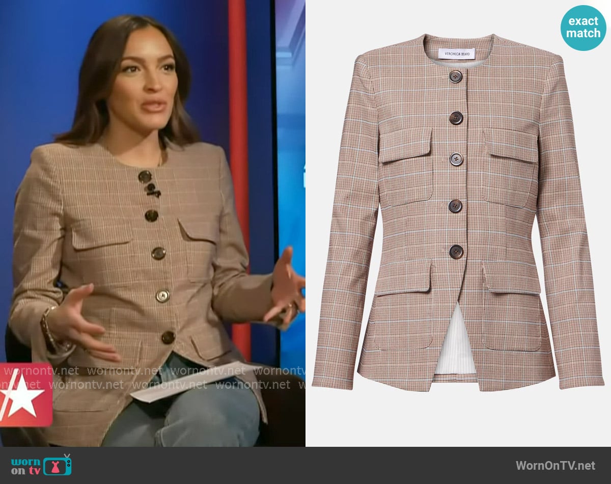 Veronica Beard Orrin plaid blazer worn by Emily Orozco on Access Hollywood